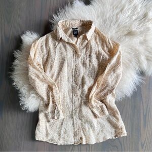 GAP Linen Button Front Long Sleeve Blouse Neutral Print Women’s Size Small